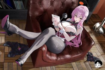 Rule 34 | 1girl, animal ears, apron, bare shoulders, breast cutout, breasts, chair, cleavage, clipboard, clothes on floor, couch, crossed legs, danny marx, duster, fishnet pantyhose, fishnets, flower, from above, goddess of victory: nikke, hair between eyes, hair flower, hair ornament, heart pasties, high heels, highres, holding, holding clipboard, holding duster, large breasts, leotard, light blush, long hair, looking at viewer, maid apron, mole, on chair, pantyhose, pasties, pink hair, rabbit ears, shelf, sidelocks, solo, thick thighs, thighs, velvet (nikke), waist apron, wrist cuffs