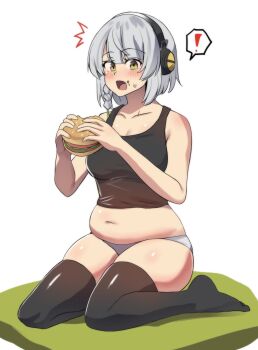 ! 1girl anby_demara bare_shoulders black_tank_top black_thighhighs blush braid breasts burger cleavage collarbone crop_top food food_on_face green_eyes grey_hair grey_panties headphones higher_resolution_available highres hinghoi holding holding_food looking_at_another midriff navel no_shoes open_mouth panties plump short_hair single_braid sitting skindentation small_breasts solo spoken_exclamation_mark stomach tank_top thighhighs thighs underwear wariza zenless_zone_zero