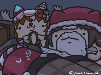 Rule 34 | . ., antlers, bed, bow, brown hair, closed mouth, ears through headwear, fake antlers, fake beard, fake facial hair, fur-trimmed headwear, fur trim, goma (gomasamune), grey background, hat, highres, hokko tarumae (umamusume), holding, holding rope, holding sack, horns, long hair, multicolored hair, nose bubble, pillow, red bow, red hat, red nose, reindeer antlers, rope, sack, santa hat, simple background, sleeping, solid oval eyes, still in love (umamusume), striped bow, twitter username, two-tone hair, umamusume, under covers, veil, white hair