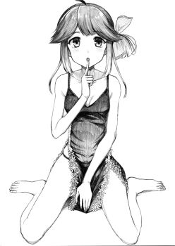 1girl absurdres barefoot finger_to_mouth full_body greyscale hair_flaps hayanami_(kancolle) highres kantai_collection lingerie looking_at_viewer monochrome negligee panties short_hair side_ponytail sitting solo tsuji_kazuho underwear wariza