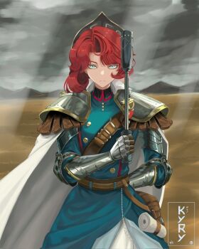 Rule 34 | 1girl, arm behind back, armor, belt, blue eyes, blue jacket, brown belt, cape, closed mouth, club (weapon), commentary, gauntlets, grey sky, highres, holding, holding club, holding weapon, jacket, kyo (kyry0429), looking at viewer, marsha (reverse:1999), mountainous horizon, outdoors, overcast, red hair, reverse:1999, sam browne belt, short hair, shoulder armor, sky, solo, upper body, weapon, white cape