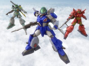 3d aoki_ryuusei_spt_layzner bad_id bad_pixiv_id baybull beam_rifle buldy cloud energy_gun flying komu komu_(gdgd) layzner mecha mecha_focus no_humans realistic robot science_fiction weapon