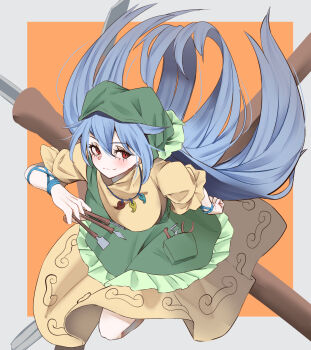 1girl apron blue_hair brown_dress commentary dress frilled_skirt frills green_apron green_hat green_headscarf haniyasushin_keiki hat headscarf highres holding jewelry kanaria_(bcomn) long_hair looking_at_viewer magatama magatama_necklace necklace pliers puffy_sleeves red_eyes skirt solo tools touhou