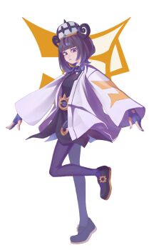 1girl belt belt_buckle black_dress black_hair black_pantyhose black_shoes blunt_bangs bob_cut buckle coat commentary dress english_commentary eyelashes full_body gloves gwynn_(pokemon) hat heckmelon highres long_sleeves mega_stone nintendo o-ring o-ring_belt open_clothes open_coat pantyhose partially_fingerless_gloves pokemon pokemon_legends:_z-a purple_eyes shoes short_hair solo standing standing_on_one_leg white_coat wide_sleeves