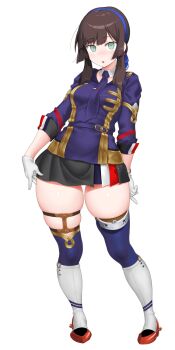 1girl breasts brown_hair commentary dd_(ijigendd) full_body gloves green_eyes highres kantai_collection medium_breasts mogador_(kancolle) open_mouth short_hair simple_background skirt solo thighhighs white_background white_gloves wide_hips