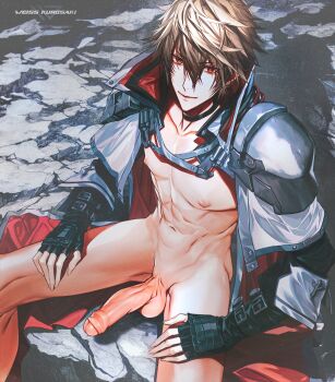 1boy abs absurdres bottomless brown_hair cape code_vein erection foreskin gloves highres male_focus nude penis red_eyes sitting smile solo tagme uncensored weiss_(artist)