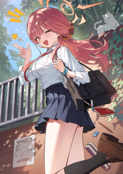 1girl ;d absurdres alternate_costume aru_(blue_archive) black_skirt black_socks blue_archive blush breast_pocket brown_bag brown_shoes cat collared_shirt commentary_request day dress_shirt eraser fingernails foot_up from_side halo hand_up highres long_hair looking_at_viewer notebook notice_lines okkimon one_eye_closed open_mouth outdoors pen pleated_skirt pocket red_eyes red_hair red_halo school_uniform shirt shoes skirt smile socks solo torn_bag very_long_hair wanted_poster white_cat white_shirt