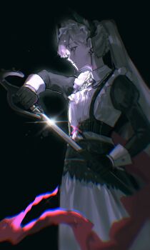 1girl absurdres ambience_synesthesia arknights artist_name black_background black_gloves chinese_commentary chromatic_aberration commentary_request cowboy_shot dark earrings glint gloves grey_eyes grey_hair highres irene_(arknights) irene_(voyage_of_feathers)_(arknights) jewelry juliet_sleeves light_particles long_hair long_sleeves looking_ahead maid official_alternate_costume parted_lips partial_commentary ponytail profile puffy_sleeves sakiyo scar scar_across_eye scar_on_face sheath solo standing unsheathing