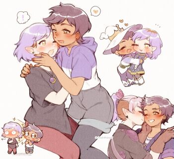 ! 2girls :< absurdres amity_blight blush brown_gloves brown_hair chadolbaegi chibi couple dark-skinned_female dark_skin eyebrow_cut full-face_blush gloves hat heart highres hood hoodie hug jewelry leggings_under_shorts luz_noceda multiple_girls necklace pointy_ears ponytail purple_hair short_hair short_shorts shorts simple_background spoken_exclamation_mark spoken_heart the_owl_house very_short_hair witch_hat yuri