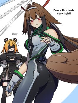 2b_(nier:automata) 2b_(nier:automata)_(cosplay) 2girls animal_ears ass bare_shoulders black_hair blindfold blonde_hair blush bodysuit breasts brown_eyes brown_hair cosplay dorahdew dress eve_(stellar_blade) eve_(stellar_blade)_(cosplay) fox_tail from_behind from_below gloves hair_intakes hairband long_hair looking_down medium_breasts multicolored_hair multiple_girls nier:automata nier_(series) open_mouth skin_tight smile stellar_blade tail two-tone_hair very_long_hair ye_shunguang zenless_zone_zero