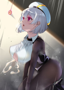 1boy 1girl beret bodystocking bouncing_breasts breasts censored center_frills cleavage clothing_cutout coin coin_on_string commentary_request cum davi_artman ejaculation empty_eyes frills handsfree_paizuri hat heart high_heels highres hypnosis indie_virtual_youtuber invisible_penis kneeling large_breasts mind_control mosaic_censoring motion_blur motion_lines mutsuki_miyama open_mouth paizuri pendulum pink_eyes shoes short_hair solo solo_focus steaming_body underboob underboob_cutout virtual_youtuber white_hair