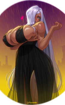 1girl bare_shoulders black_dress blue_eyes breasts dark-skinned_female dark_skin dress female_focus grabbing_another's_breast groping heart highres huge_breasts lady_magnolia_(trickstaboy) lipstick long_hair looking_away makeup mature_female mikiron original rain sideboob solo