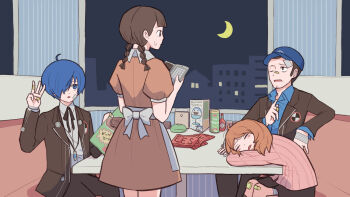 2boys 2girls ahoge apron armband back_bow bandaged_hand bandaged_leg bandages bandaid bandaid_on_cheek bandaid_on_face bandaid_on_finger bandaid_on_hand bandaid_on_knee bandaid_on_leg bandaid_on_nose baseball_cap black_hair black_jacket black_pants black_ribbon black_skirt blazer blue_eyes blue_hair blue_shirt blush bow braid brown_dress brown_eyes brown_hair cardigan chair collared_shirt crescent_moon digital_media_player dress facial_hair gekkoukan_high_school_uniform goatee_stubble hair_over_one_eye hat head_on_table headphones holding holding_menu iori_junpei jack_frost_(megami_tensei) jacket jewelry long_sleeves looking_at_another menu moko0143 moon multiple_boys multiple_girls neck_ribbon on_chair one_eye_closed pants parted_lips persona persona_3 pink_cardigan puffy_short_sleeves puffy_sleeves restaurant ribbon school_uniform shirt shirt_tug short_hair short_sleeves sitting skirt sleeping stubble sweatdrop takeba_yukari twin_braids unworn_armband waitress white_apron white_shirt yuuki_makoto_(persona_3)