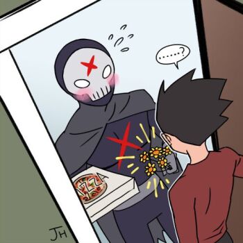 2boys blush commentary costume dc_comics dick_grayson flower food holding holding_food holding_pizza implied_yaoi inseki jason_todd joha lowres male_focus mask multiple_boys pizza red_x_(teen_titans) robin_(dc) signature spiked teen_titans