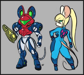 1girl animal_ears armor ass awd! blonde_hair boots bracelet breasts cannon full_body furry green_eyes grey_background helmet jewelry large_breasts mecha_pilot_suit metroid mouse nintendo plugsuit_(evangelion) ponytail samus_aran serious tail