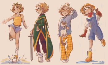 alternate_costume animal blue_overalls boots brown_gloves bucket_hat bug_socks cape cat closed_eyes fields_of_mistria glasses gloves green_cape hat highres holding holding_animal holding_cat holding_sword holding_weapon multicolored_hair overalls pajamas player_character_(fields_of_mistria) rain round_eyewear shirt short_hair shorts splashing sprout_on_head sword tank_top two-tone_hair weapon white_boots yellow_boots yellow_shirt yellow_tank_top