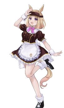 Rule 34 | 1girl, alternate costume, animal ears, apron, blonde hair, blush, bow, breasts, brown shirt, brown skirt, coco's, commentary request, full body, hat, highres, horse ears, horse girl, horse tail, looking at viewer, medium breasts, mia umauma, narita top road (umamusume), open mouth, pink bow, puffy short sleeves, puffy sleeves, purple bow, purple eyes, shirt, shoes, short hair, short sleeves, simple background, skirt, smile, socks, solo, tail, umamusume, visor cap, waist apron, waitress, white apron, white background, white socks, white wrist cuffs, wrist cuffs