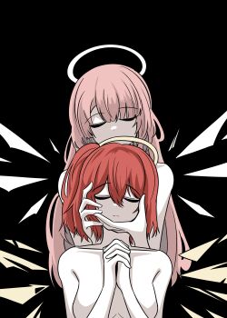 2girls absurdres angel arknights black_background breasts choebal1356201 closed_mouth collarbone detached_wings exusiai_(arknights) exusiai_the_new_covenant_(arknights) hair_between_eyes halo hand_on_another's_face hashtag-only_commentary highres interlocked_fingers lemuen_(arknights) long_hair medium_breasts multiple_girls nude official_alternate_hairstyle one_side_up own_hands_clasped own_hands_together pink_hair praying red_hair simple_background traditional_halo upper_body very_long_hair wings