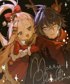1boy 1girl :d absurdres ahoge aino_(genshin_impact) antlers bell black_background black_gloves commentary crossed_bangs d_yoong flins_(genshin_impact) genshin_impact gloves hand_on_another's_shoulder highres horns looking_at_viewer merry_christmas open_mouth red_gloves red_scarf reindeer_antlers ribbon scarf smile symbol-only_commentary yellow_eyes