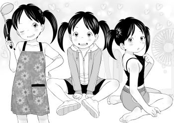 1girl apron backpack bag blush camisole commentary cowboy_shot dolphin_shorts drawstring electric_fan floral_print full_body greyscale highres holding holding_ladle hood hood_down hoodie ladle long_sleeves looking_at_viewer meis_(terameisu) monochrome nishikawa_noriko one_eye_closed open_mouth randoseru shoes shorts sitting sleeves_rolled_up standing sweat unworn_backpack unworn_bag urayasu_tekkin_kazoku