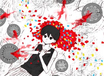 Rule 34 | 1boy, antenna hair, birthday cake, black eyes, black hair, black tank top, cake, closed mouth, collarbone, commentary, double-parted bangs, english commentary, english text, expressionless, food, hair between eyes, highres, holding, holding knife, jukttgsnle9824, knife, male focus, omori, omori (omori), short hair, shorts, solo, spoilers, striped clothes, striped shorts, tank top, vertical-striped clothes, vertical-striped shorts, white shorts