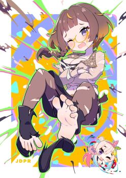 2girls airani_iofifteen airani_iofifteen_(1st_costume) anya_melfissa anya_melfissa_(indonesian_casual) arms_around_waist artist_name barefoot beige_shirt black_footwear black_skirt blue_hair blush boots braid breasts brown_hair brown_leggings bursting_clothes chibi embarrassed energy_gun english_text feet giant giantess glasses growth hair_ornament hair_ribbon hololive hololive_indonesia jdpr large_breasts leggings multicolored_hair multiple_girls one_eye_closed open_mouth paint_splatter pink_hair purple_eyes ray_gun ribbon short_hair side_ponytail skirt smile soles tight_clothes toenails toes torn_clothes torn_footwear virtual_youtuber weapon wink