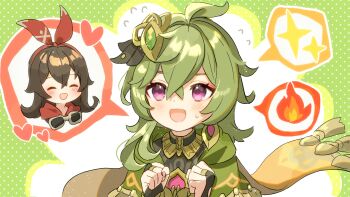 2girls :d ^_^ ahoge amber_(genshin_impact) blush bow_hairband chibi chibi_inset clenched_hands closed_eyes collei_(genshin_impact) commentary_request crossed_bangs double-parted_bangs dress fire flying_sweatdrops genshin_impact green_background green_dress green_hair hair_between_eyes hair_ornament hairband hands_up long_hair multiple_girls open_mouth pink_eyes polka_dot polka_dot_background portrait red_hairband shuu_(syuuuuuuuuuu) smile spoken_sparkle sweatdrop