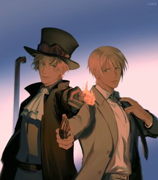 2boys adjusting_clothes adjusting_necktie amuro_tooru ascot belt black_belt black_gloves black_hat black_jacket blonde_hair blue_eyes blue_necktie closed_mouth fire gloves gradient_background grey_jacket gun hat highres holding holding_gun holding_lead_pipe holding_weapon jacket kotomine_(a1569) lead_pipe male_focus meitantei_conan multiple_boys necktie one_piece pyrokinesis sabo_(one_piece) scar scar_on_face shirt short_hair smile top_hat voice_actor_connection weapon white_ascot white_shirt