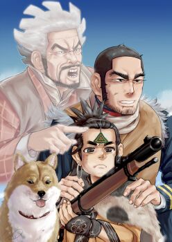 3boys :o ainu_clothes beard black_eyes cape cikapasi clenched_teeth day dog earrings facial_hair frown fur_cape ghost golden_kamuy grey_hair gun hair_pulled_back hallupuna hands_on_another's_shoulders highres holding holding_gun holding_weapon hoop_earrings jewelry long_sideburns multiple_boys mustache nihei_tetsuzou outdoors pointing scarf sideburns stitches tanigaki_genjirou teeth thick_eyebrows weapon