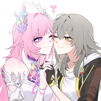 2rang_cm black_gloves black_jacket breasts cheek-to-cheek commentary_request cyrene_(honkai:_star_rail) cyrene_(ripples_of_past_reverie)_(honkai:_star_rail) diamond-shaped_pupils diamond_(shape) flower gloves grey_hair hair_flower hair_ornament heads_together heart highres honkai:_star_rail honkai_(series) interlocked_fingers jacket korean_commentary large_breasts long_hair medium_breasts multicolored_hair one_eye_closed pink_hair pointy_ears purple_eyes shirt simple_background smile stelle_(honkai:_star_rail) symbol-shaped_pupils trailblazer_(honkai:_star_rail) two-tone_hair very_long_hair white_background white_hair white_shirt yuri