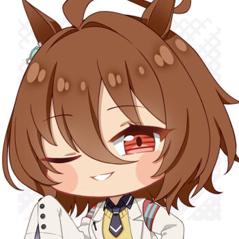 Rule 34 | 1girl, agnes tachyon (umamusume), ahoge, animal ears, blush stickers, brown hair, chibi, commentary, ear ornament, fpsmoe, grin, hair between eyes, hair intakes, hand up, horse ears, horse girl, lab coat, long sleeves, looking at viewer, medium hair, necktie, no nose, one eye closed, red eyes, sleeves past fingers, sleeves past wrists, smile, solo, umamusume