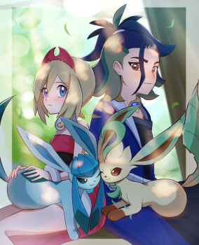 1boy 1girl 2others adaman_(pokemon) blonde_hair blue_hair blush bracelet breasts closed_mouth gen_4_pokemon glaceon green_hair hair_between_eyes hair_ornament highres irida_(pokemon) jewelry leafeon medium_breasts medium_hair miigon99999 multicolored_hair multiple_others nintendo one_eye_closed pokemon pokemon_(creature) pokemon_legends:_arceus red_shirt shirt short_shorts shorts sitting strapless strapless_shirt tree_shade white_shorts