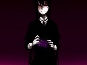 10s 1girl akemi_homura akemi_homura_(black_dress) black_hair dress female_focus funeral_dress long_hair looking_at_viewer mahou_shoujo_madoka_magica mahou_shoujo_madoka_magica:_hangyaku_no_monogatari papeapoo purple_background purple_eyes simple_background smile solo spoilers static