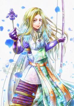 1boy armor bow_(weapon) flower gloves highres holding holding_bow_(weapon) holding_weapon japanese_armor kitabatake_akiie kote kurokote kusazuri long_hair looking_at_viewer nige_jouzu_no_wakagimi runa_(ren_rainfall) shoulder_armor smile sode solo weapon