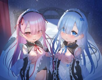 2girls :p alternate_costume alternate_hair_length alternate_hairstyle apron apron_lift bed blue_eyes blue_hair blue_ribbon blunt_bangs blush bow breasts closed_mouth clothes_lift covering_breasts covering_privates curtains detached_sleeves dress dress_lift eyes_visible_through_hair frills garter_belt hair_bow hair_down hair_over_one_eye hair_ribbon highres indoors lifting_own_clothes long_hair long_sleeves looking_at_viewer maid maid_apron maid_headdress medium_breasts multiple_girls neck_ribbon on_bed parted_lips pink_eyes pink_hair ram_(re:zero) re:zero_kara_hajimeru_isekai_seikatsu red_eyes red_ribbon rem_(re:zero) ribbon roswaal_mansion_maid_uniform sex_toy siblings sisters small_breasts smile sweat tongue tongue_out tsukiman twins white_apron wide_sleeves
