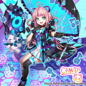 1girl ahoge black_dress black_gloves breasts can-melo:d dress duel_monster flower gloves green_eyes hair_ornament highres holding holding_umbrella hologram hucydin large_breasts long_hair outstretched_arm pink_hair purple_flower short_sleeves single_thighhigh speaker stuffed_animal stuffed_toy teddy_bear thighhighs twintails twitter_username umbrella yu-gi-oh! yu-gi-oh!_rush_duel