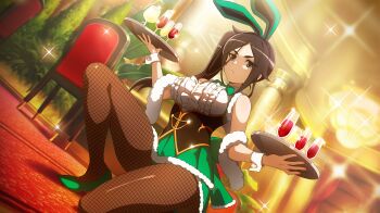 1girl alcohol anime_coloring black_corset black_hair bow bowtie breasts center_frills chair closed_mouth corset cup danmachi_battle_chronicle dress drinking_glass dungeon_ni_deai_wo_motomeru_no_wa_machigatteiru_darou_ka fishnet_pantyhose fishnets frilled_dress frills fur-trimmed_dress fur_trim game_cg green_bow green_bowtie green_dress green_shoes hand_up high_side_ponytail highres holding holding_tray indoors looking_at_viewer medium_breasts non-web_source nontraditional_playboy_bunny official_art on_one_knee pantyhose parted_bangs purple_eyes shoes solo thighs tray two-tone_dress underbust white_dress white_wrist_cuffs wrist_cuffs yamato_mikoto