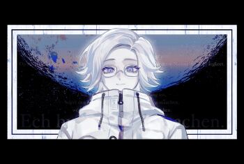 1boy aotsuki_eito black_border blue_eyes border coat eyelashes german_text glasses jacket looking_at_viewer male_focus moon portrait semi-rimless_eyewear short_hair smile solo space straight-on the_hundred_line_-last_defense_academy- usamisatori white_coat white_hair zipper zipper_pull_tab