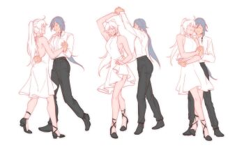 Rule 34 | 2girls, absurdres, bare shoulders, black pants, black shoes, collared shirt, commentary, dancing, dress, english commentary, fu hua, grey hair, halter dress, halterneck, highres, honkai (series), honkai impact 3rd, kiana kaslana, long hair, lycanheiress, multiple girls, pants, ponytail, shirt, shoes, very long hair, white dress, white hair, white shirt, yuri