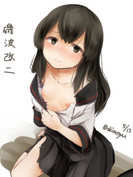 1girl akino_shuu black_hair black_sailor_collar black_skirt black_socks blouse blush breasts brown_eyes closed_mouth collarbone commentary_request dated isonami_(kancolle) isonami_kai_ni_(kancolle) kantai_collection long_hair looking_at_viewer nipples nose_blush official_alternate_hairstyle pleated_skirt sailor_collar school_uniform serafuku shirt sitting skirt small_breasts socks solo torn_clothes torn_shirt translation_request twitter_username white_background white_shirt