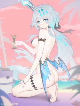 1girl artist_name ass back barefoot blue_eyes blue_hair breasts cerydra_(honkai:_star_rail) chess_piece cooler crown feet highres holding holding_chess_piece honkai:_star_rail honkai_(series) jewelry long_hair looking_at_viewer medium_breasts multiple_rings nude outdoors pasties pink_sky queen_(chess) ring seiza sitting sky soles solo toes very_long_hair wings yunkaiming