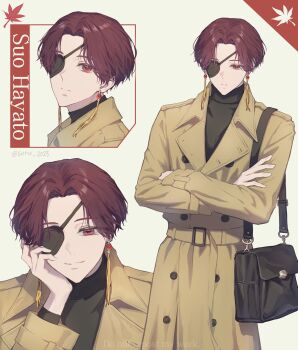 1boy alternate_costume bag brown_coat brown_hair character_name coat crossed_arms earrings eyepatch hashtag-only_commentary highres jewelry long_sleeves male_focus multiple_views short_hair shoulder_bag smile soru_2023 suo_hayato tassel tassel_earrings wind_breaker_(nii_satoru)
