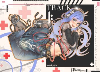 1girl absurdres blue_eyes blue_hair blue_nails ceramicnoise crop_top denim earphones english_text highres jeans open_mouth original own_hands_clasped own_hands_together pants solo