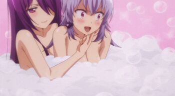 2girls ahoge animal_ears animated animated_gif blue_hair blush breasts collarbone completely_nude genderswap genderswap_(mtf) hair_ornament hair_over_one_eye kaijin_kaihatsu-bu_no_kuroitsu-san large_breasts long_hair multiple_girls nude onsen open_mouth purple_eyes purple_hair red_eyes sideboob skylla_(kaijin_kaihatsubu_no_kuroitsu-san) soap soap_bubbles thighs towel water wet wolf_bate wolf_ears wolf_girl yuri