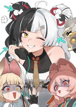 1boy 3girls alice_thymefield animal_ears arrow_(symbol) banyue_(zenless_zone_zero) blonde_hair braid braided_twintails china_dress chinese_clothes collared_shirt commentary_request crewmate_(among_us) dialyn_(zenless_zone_zero) dress flasso green_nails hair_ornament heterochromia highres multicolored_hair multiple_girls necktie open_mouth panda_hair_ornament phone pink_hair rabbit_ears rabbit_girl red_eyes robot_boy scared shirt smile split-color_hair surprised white_background white_eyes white_shirt yellow_eyes yellow_necktie zenless_zone_zero zhao_(zenless_zone_zero)