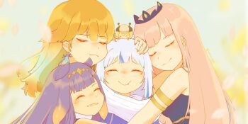 Rule 34 | 5girls, aqua hair, bee costume, blue hair, blunt bangs, closed eyes, diamond hairband, facing viewer, fang, fang out, gawr gura, gradient hair, group hug, hand on another's head, highres, hololive, hololive english, holomyth, hug, iamurnae, long hair, mini person, mini person on head, minigirl, mole, mole under eye, mori calliope, multicolored hair, multiple girls, ninomae ina'nis, orange hair, pink hair, purple hair, smile, smol ame, streaked hair, takanashi kiara, two-tone hair, virtual youtuber, watson amelia, white hair