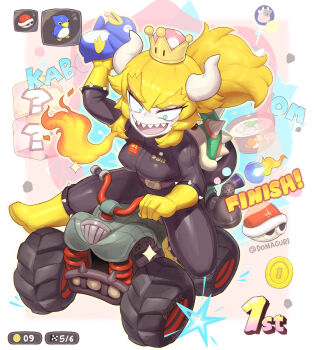 bowsette crown domaguri highres mario_(series) mario_kart mario_kart_world nintendo spiked_shell spikes super_crown turtle_shell