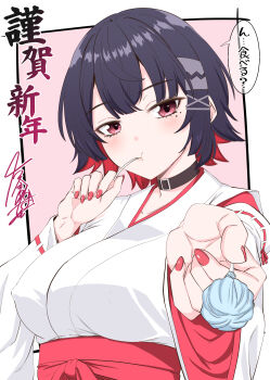 1girl black_choker black_hair breasts candy choker collarbone commentary_request covered_erect_nipples eating ellen_joe food hakama hakama_skirt highres holding holding_candy holding_food holding_lollipop japanese_clothes kimono large_breasts lollipop long_sleeves looking_at_viewer miko multicolored_hair red_eyes red_hair red_hakama sakura_kanawo short_hair skirt two-tone_hair upper_body white_kimono wide_sleeves zenless_zone_zero