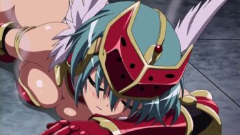 10s 1girl armor ass bikini_armor black_legwear blush braid breasts closed_eyes defeat female_focus helmet long_hair lying mirim queen&#039;s_blade queen&#039;s_blade_rebellion screencap shiny_skin solo thong winged_helmet