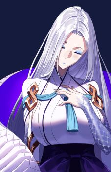 1girl absurdres black_background blue_eyeshadow blue_lips blue_scales capelet closed_eyes closed_mouth curtained_hair eyeshadow facing_viewer fate/grand_order fate_(series) fingernails fudayasa hand_on_own_chest hashtag-only_commentary highres japanese_clothes lipstick long_fingernails long_hair makeup mrs._snake_(fate) mrs._snake_(third_ascension)_(fate) parted_hair scales shirt simple_background sleeveless sleeveless_shirt solo tassel upper_body white_capelet white_hair white_shirt
